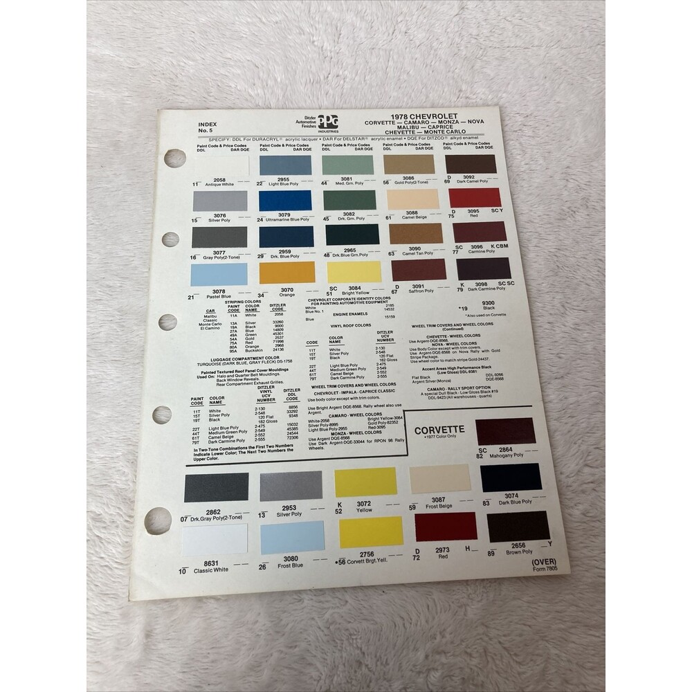 1978 Chevrolet Colors Ditzler PPG Color Chips Color Information Vintage